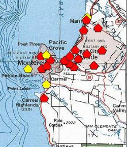 A red polygon indicates an extant occurrence; yellow indicates the occurrence has been extirpated. 